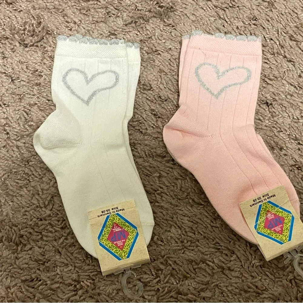 2 Pairs Lot MP Tights-‎ Charming Heart Kids Socks - White and Pink sz 2-5 Shoe